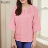 ZANZEA Women Casual Round Neck Solid Color 3/4 Sleeve Loose Blouse