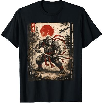 Samurajus Bigfoot Japoniškas Vintažinis Grafinis Ukiyo-e Menas Juokingi Marškinėliai