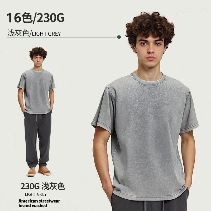 Men's Vintage Short Sleeve T-Shirt 230g Distressed Casual Tee for Summer