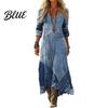 Versatile Women's Dress Denim Print Maxi for Women Casual Long Sleeve V Boho