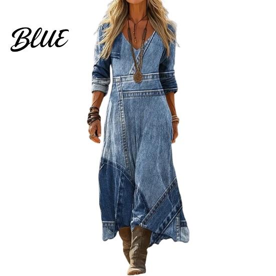 Versatile Women's Dress Denim Print Maxi for Women Casual Long Sleeve V Boho