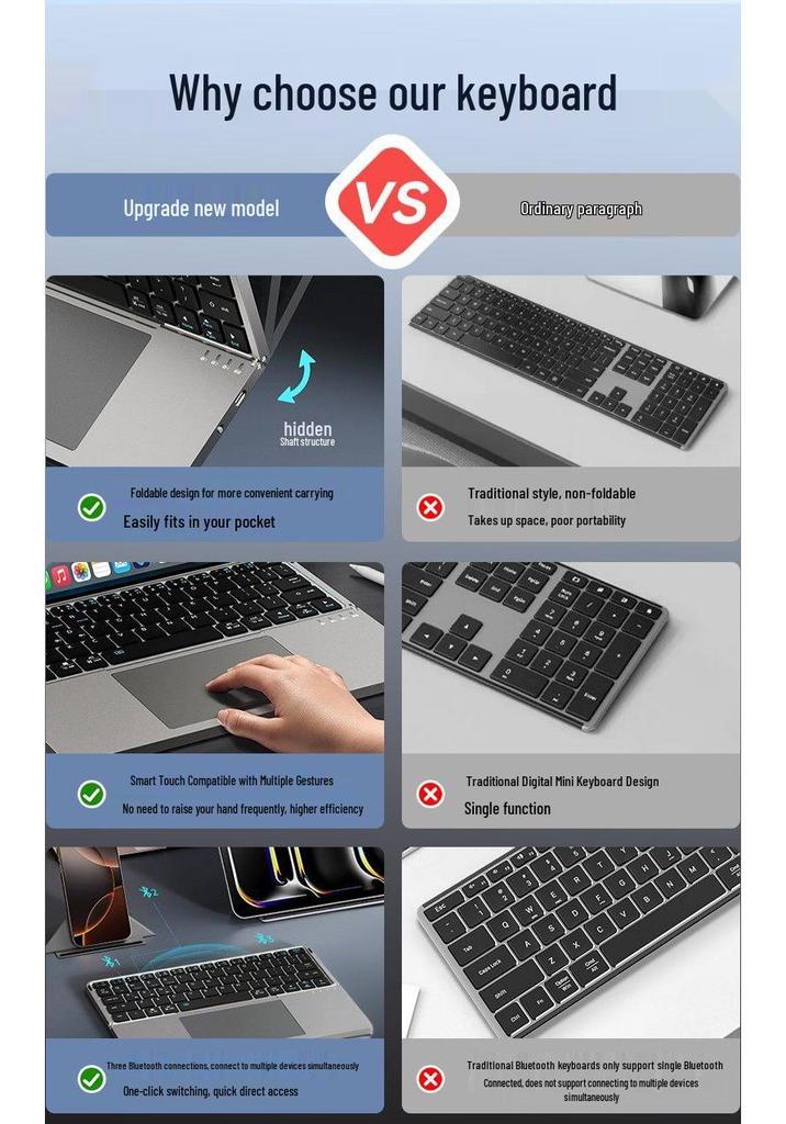 Wireless Bluetooth Foldable Keyboard with Leather Stand for Tablets and Phones