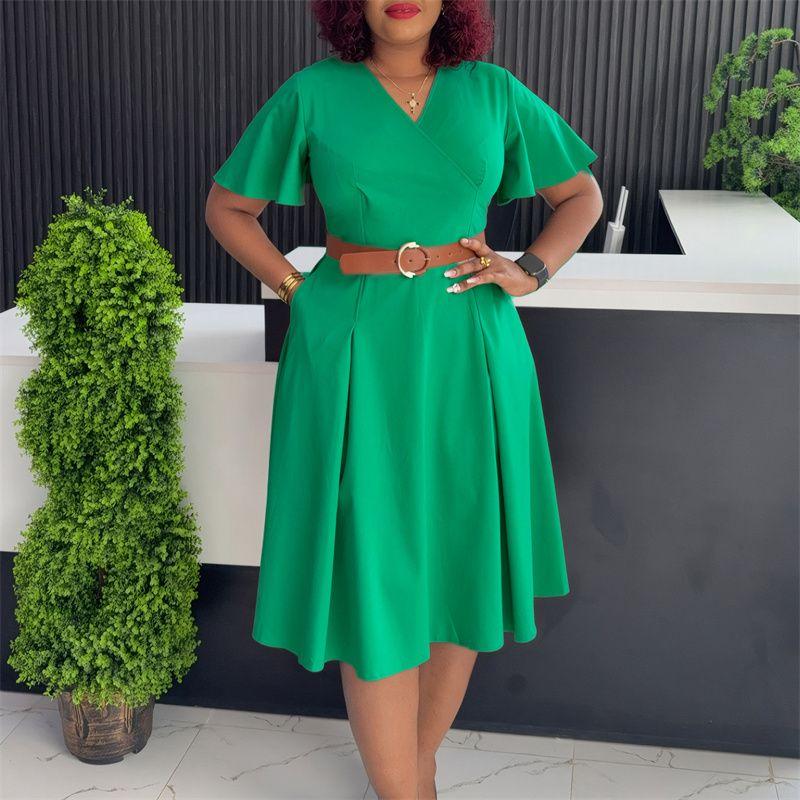 

Fashion Women Dress Ladies Skirt V-neck Bell Sleeve Casual African Dress Women Green + belt 2XL