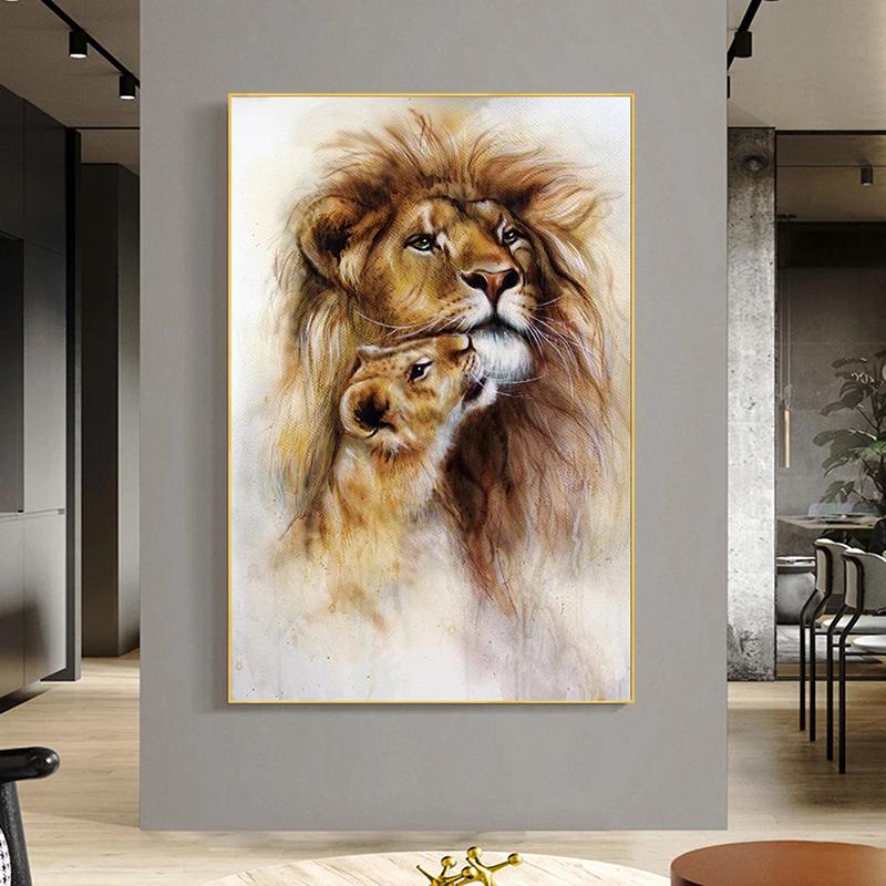 Skandinaviska Lions Head to Head Gul lejoninna Canvasmålning Posters Prints Väggkonstbilder för vardagsrumsinredning Cuadros
