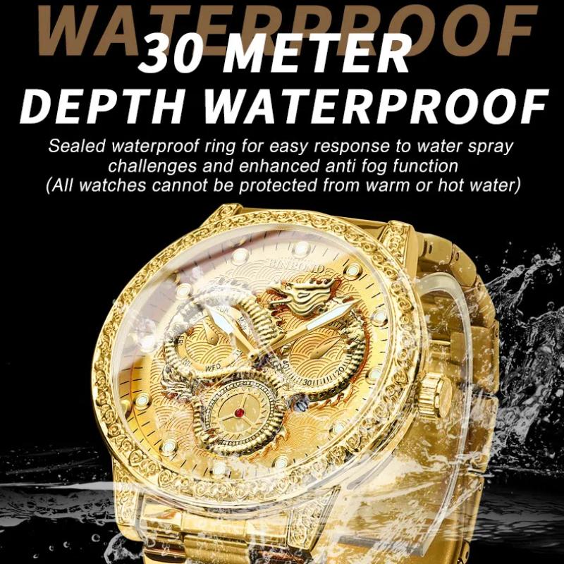Men's Three Flame Dragon Quartz Watch Golden Dragon Relief Waterproof Luminous Calendar Watch Festival Gift