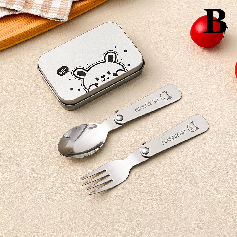 2Pcs/Box Portable Foldable Dinnerware Set 304 Stainless Steel Folding Fork Spoon With Cutlery Box Cute Picnic Tableware