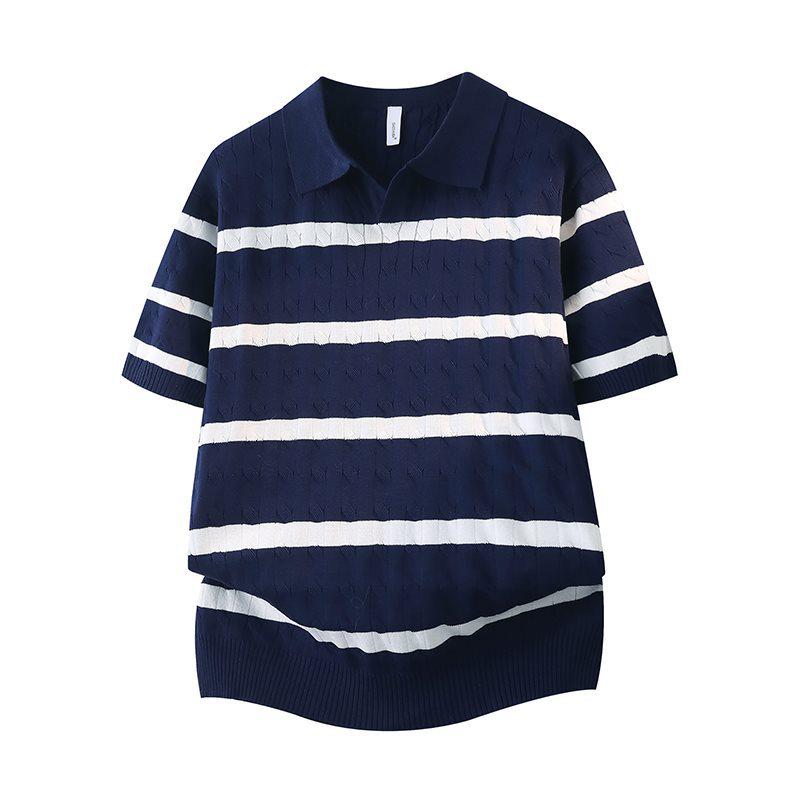 2026 Japanese Style White Striped Lapel Polo Knit T-Shirt for Men - Summer Short Sleeve