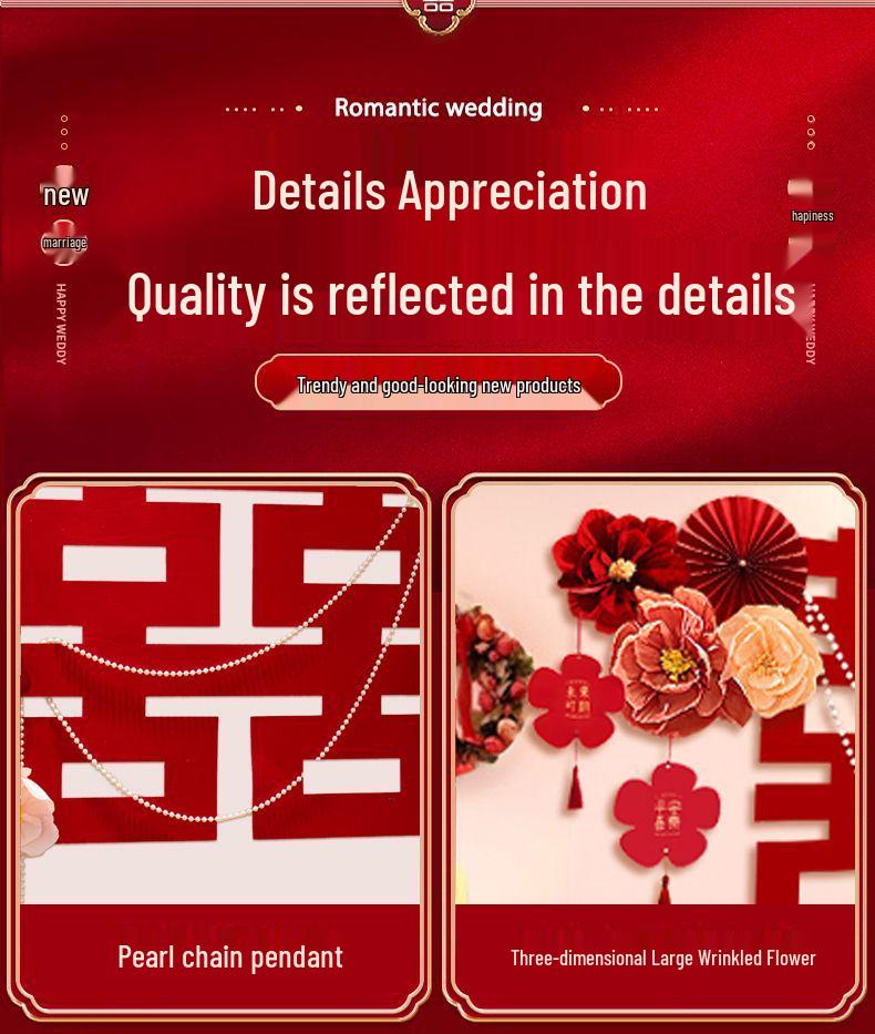 Wedding Room Decoration: Bride and Groom's Bedroom Wall Double Happiness Pull Flower Set