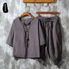 Men's Retro Chinese-Style Cotton & Linen Buttoned Three-Quarter Sleeve T-Shirt and Shorts Set