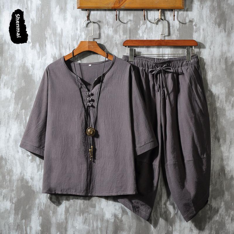 Men's Retro Chinese-Style Cotton & Linen Buttoned Three-Quarter Sleeve T-Shirt and Shorts Set