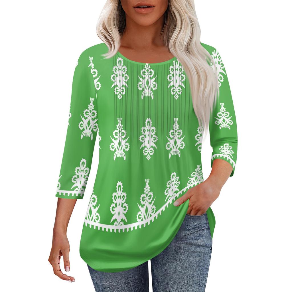Women's Fashionable Casual Pleated Round Neck Casual Floral Print Seven Quarter Sleeved T-shirt Top
