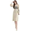 Blue Beryl Knit Dress with Balloon Geometric Pleated and Round Women's Midi-Length Sleeves, Pattern, Detail, Neck, Ivory, BB056-IV-M