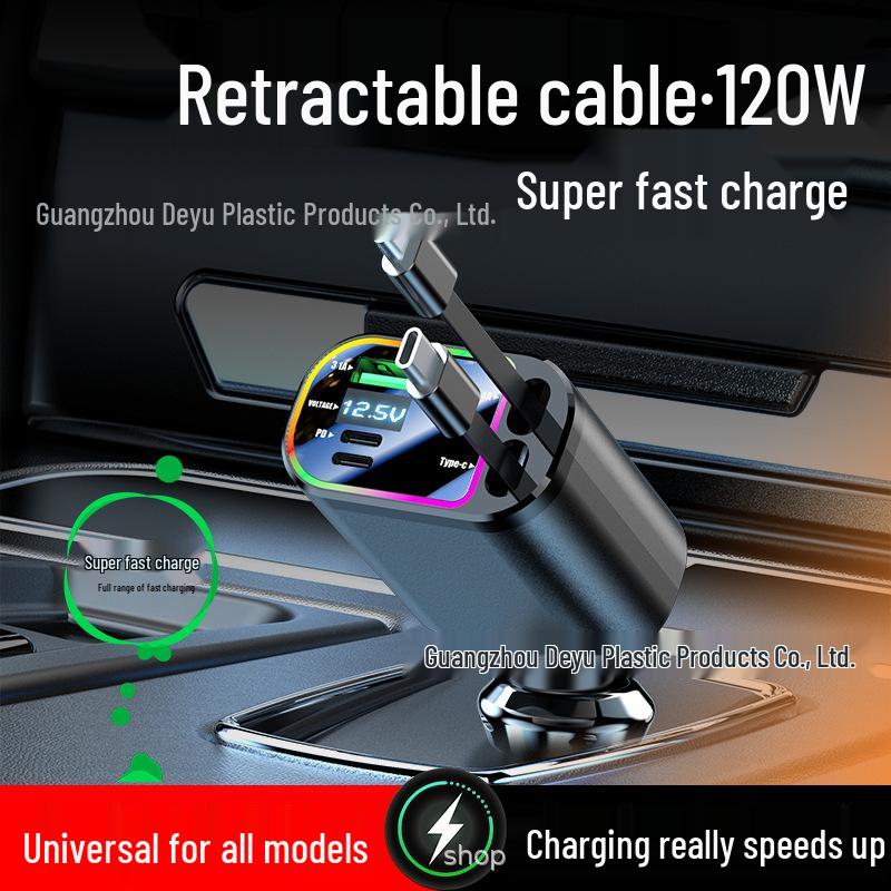 Hvězdná obloha Projektorové světlo 4 v 1 120W Nabíječka do auta s vysouvacím kabelem a rychlým nabíjením Digitální displej