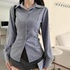 Blau gestreifte Langarm-Hemdjacke Damen Frühling Herbst Design Sensibilität Glättet Ihre Silhouette Schlank