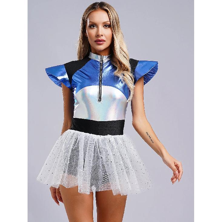 Woman's Outerspace Astronaut Alien Robot Cosplay Costume Metallic Cap Sleeve Tutu Dance Dress for Carnival Festival Halloween