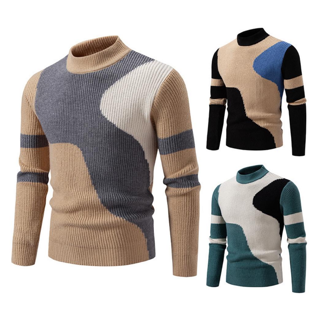 Men's Casual Semi-high Neck Two-tone Long-sleeved Pullover Base Knitted Sweater