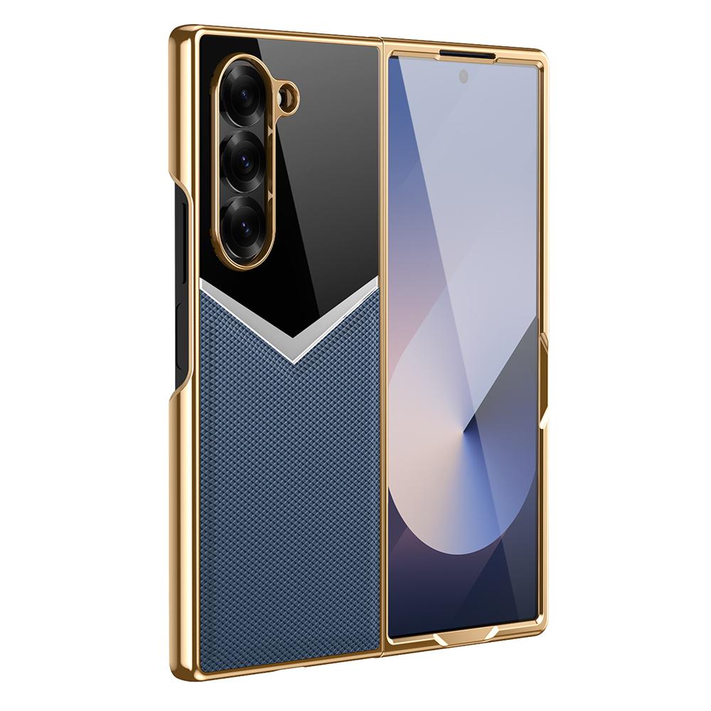 

Чехол для Samsung Galaxy Z Fold5 5G из натуральной коровьей кожи+ПК, контрастный дизайн, чехол для телефона с защитной пленкой для экрана Dark Blue