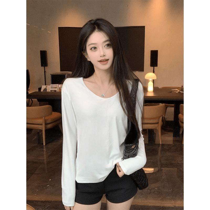 

Long-sleeved T-shirt for Women In Spring and Autumn New Style To Cover Flesh and Make Them Look Thin White Loose Casual U-neck Inner Top XL белый