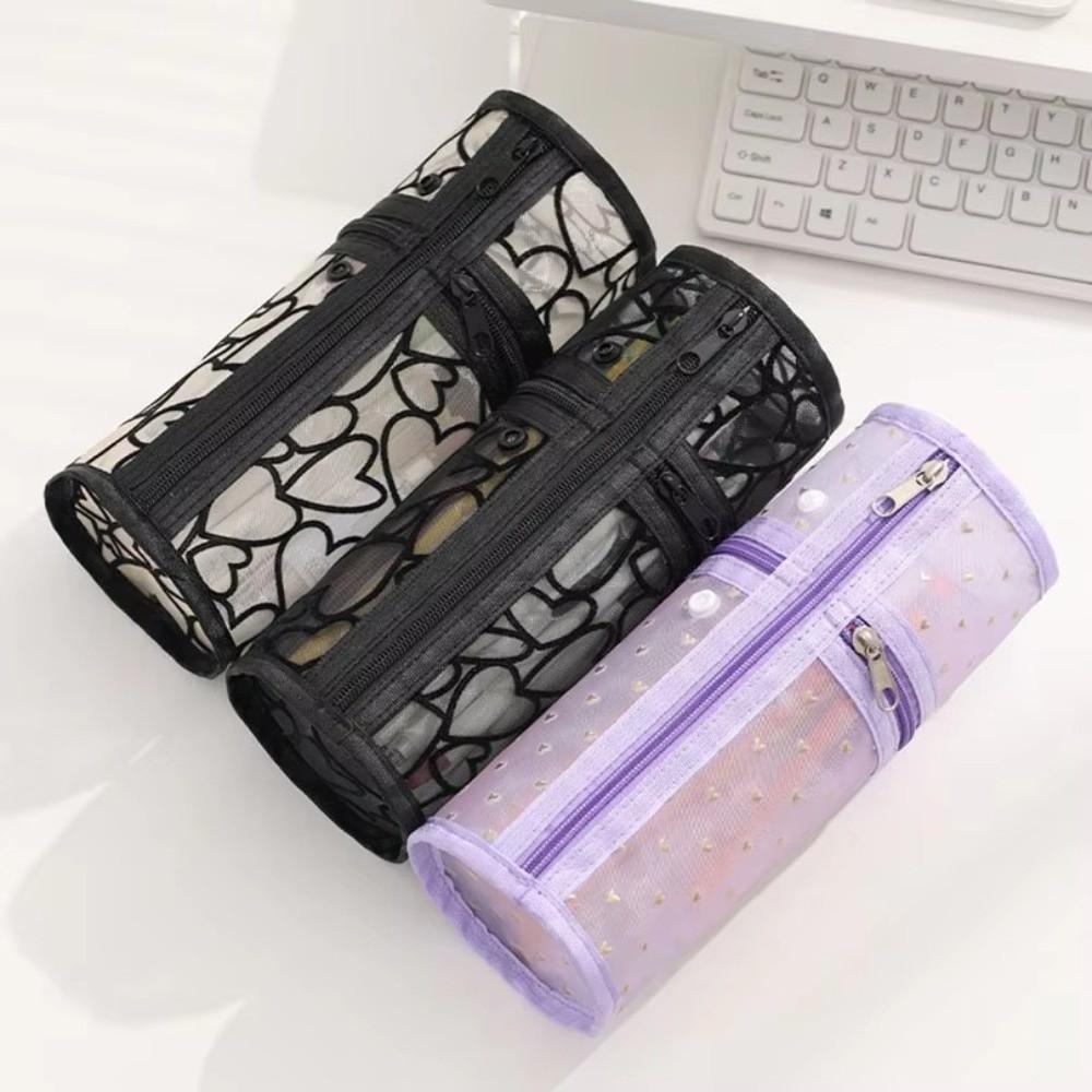 Portable Large Capacity Mesh Pencil Case Multifunctional Love Pencil Pouch Transparent