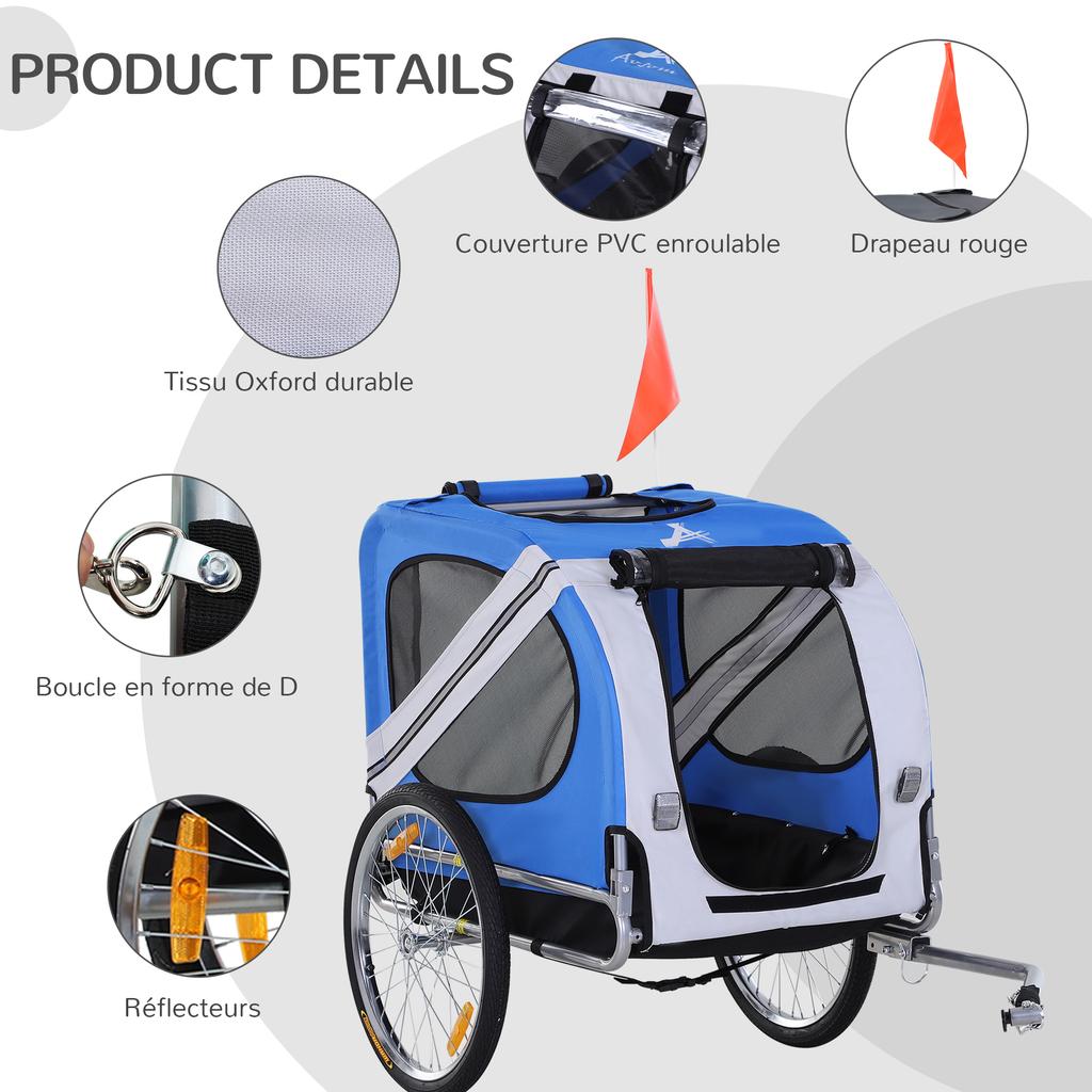 Bike Trailer for Dog Pets 8 Reflectors Flag Hitch Bar Included 130 X 73 X 90 Cm White and Blue