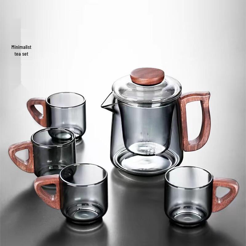 Smoky Gray Glass Teapot Set with Wooden Handle