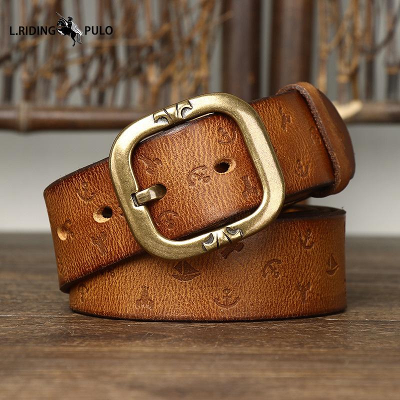 Korean Style Personalized Machine Embossed Vegetable Tanned Belt Men's Genuine Leather Pure Cowhide Pin Buckle Belt