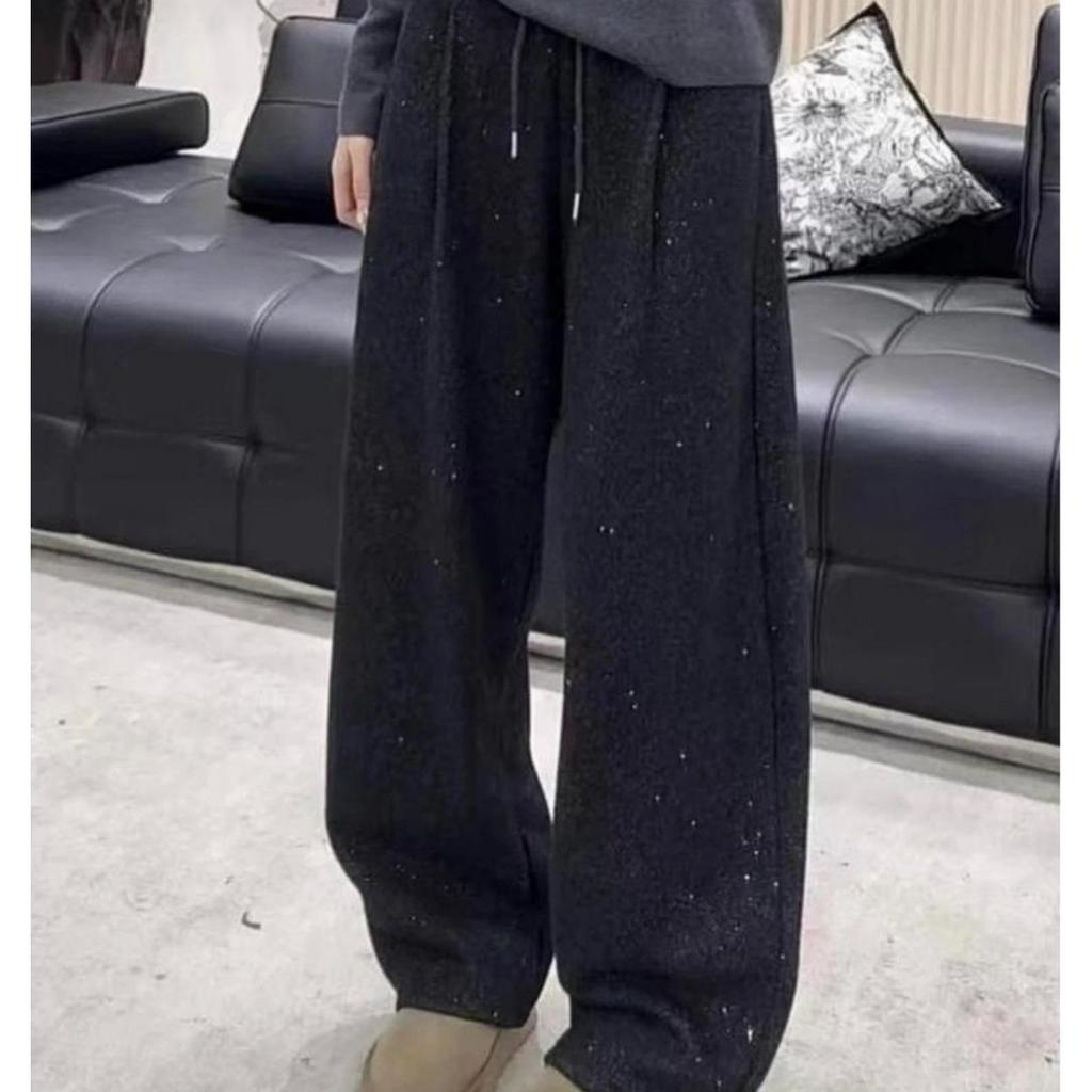 Pantaloni Larghi con Strass Stile Coreano da Donna - Grigio Scuro, Drappeggio Ampio, Lunghezza Pavimento, Autunno/Inverno 2026