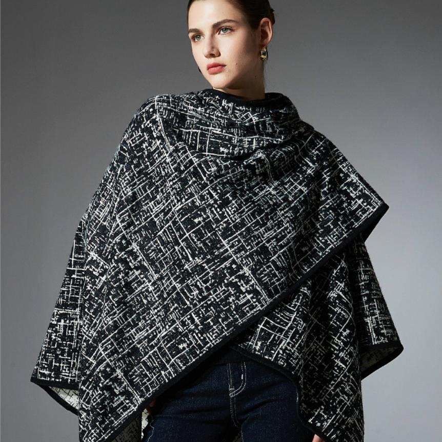 Women Plaid Reversible Poncho Cape Coat Open Front Cardigan Shawl Wrap Warm Thick Knit Shawl for Fall Winter