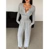 Women Solid Color Two Piece Set Long Sleeve Buttoned Fitted Top Long Pants