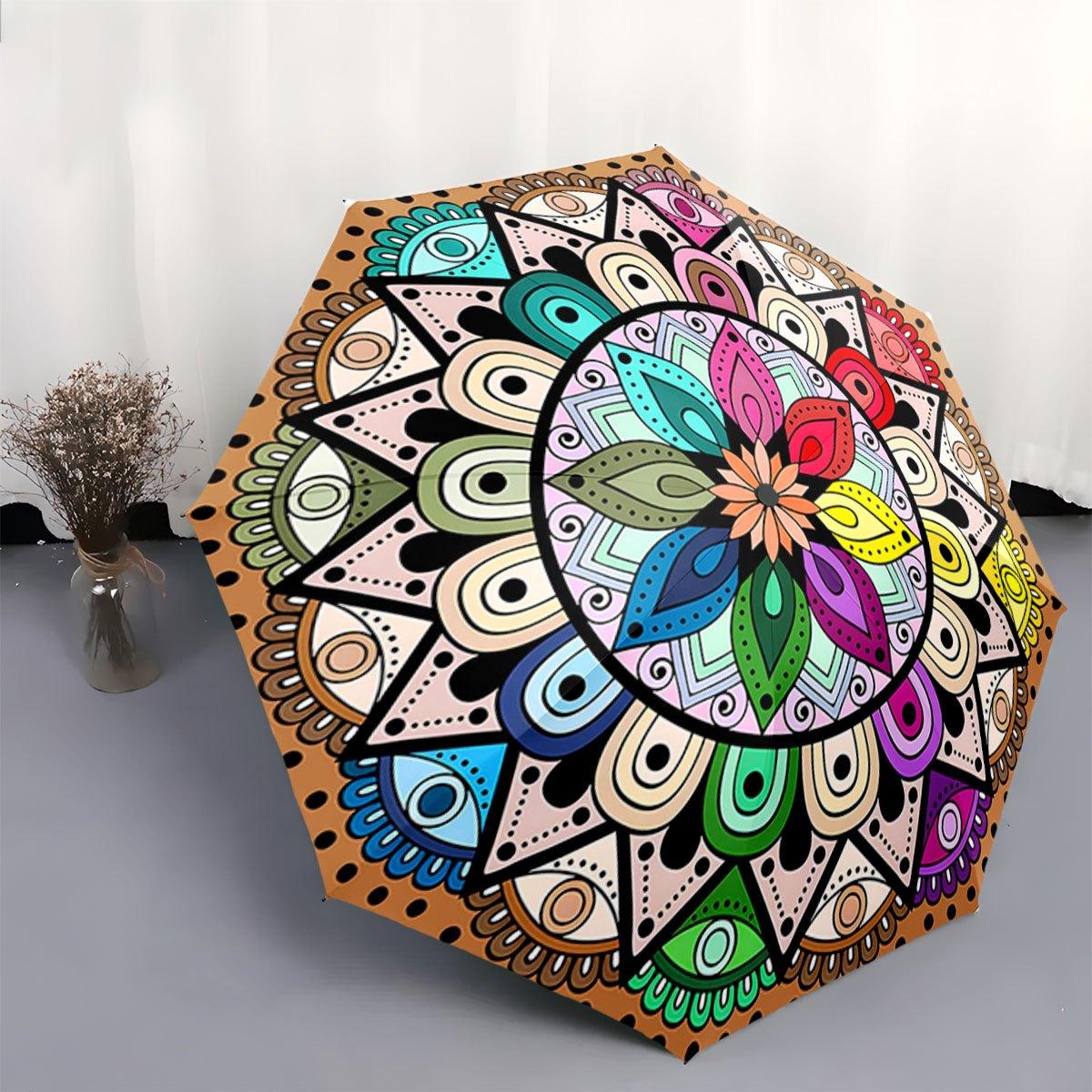 

Automatic Folding Umbrella with Mandala Design - Portable Collapsible 8-Rib Durable Plastic/ Iron Frame, Vibrant Colorful Patt Iron&8K