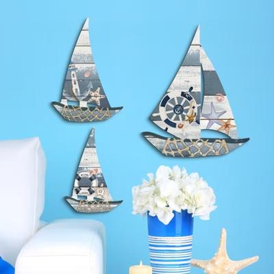 Yousheng 3 Pcs Wooden Sailboat Wall Art Coastal Nautical Beach Ship Sculpture Lake House Wall Hanging Decoration for Bedroom Bathroom Nursery