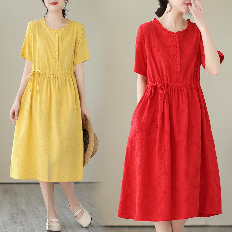 2025 Summer Retro Chinese Style Loose Jacquard Dress - Mid-Length Solid Color Skirt