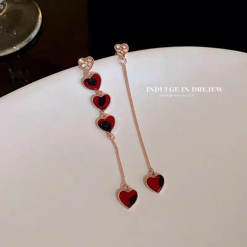 New Trendy Love Heart Zircon Tassel Earrings For Women Shiny Crystal Long Chain Asymmetric Dangle Earring Girl Party Jewelry