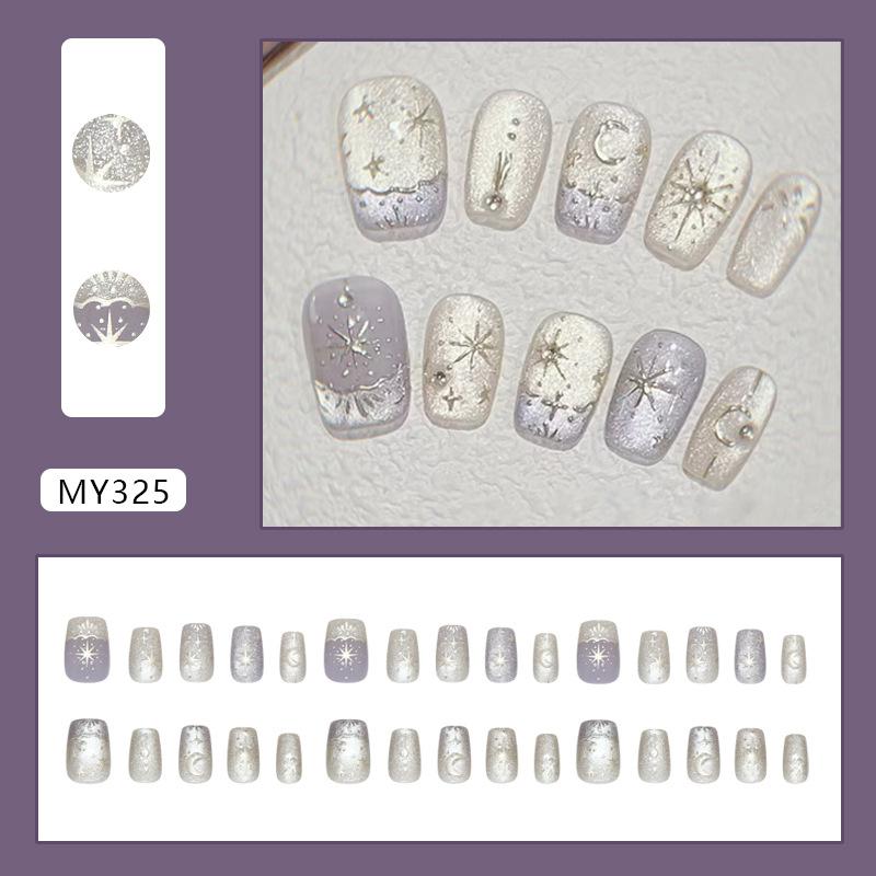 Three-dimensional cat's eye ripple French dream purple night star and moon temperament white, wind removable manicure tablets 30 pieces