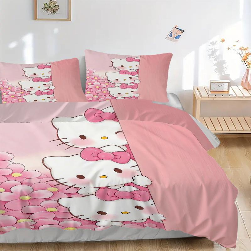 

3 шт. Трехцветный розовый комплект постельного белья с принтом Hello Kitty, Мягкое и удобное покрывало-пододеяльник для спальни, гостевой комнаты (Не включено).W104 135x200cm