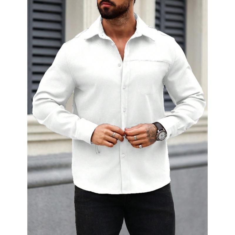Men European American Solid Color Button Down Long Sleeve Casual Shirt With Pocket