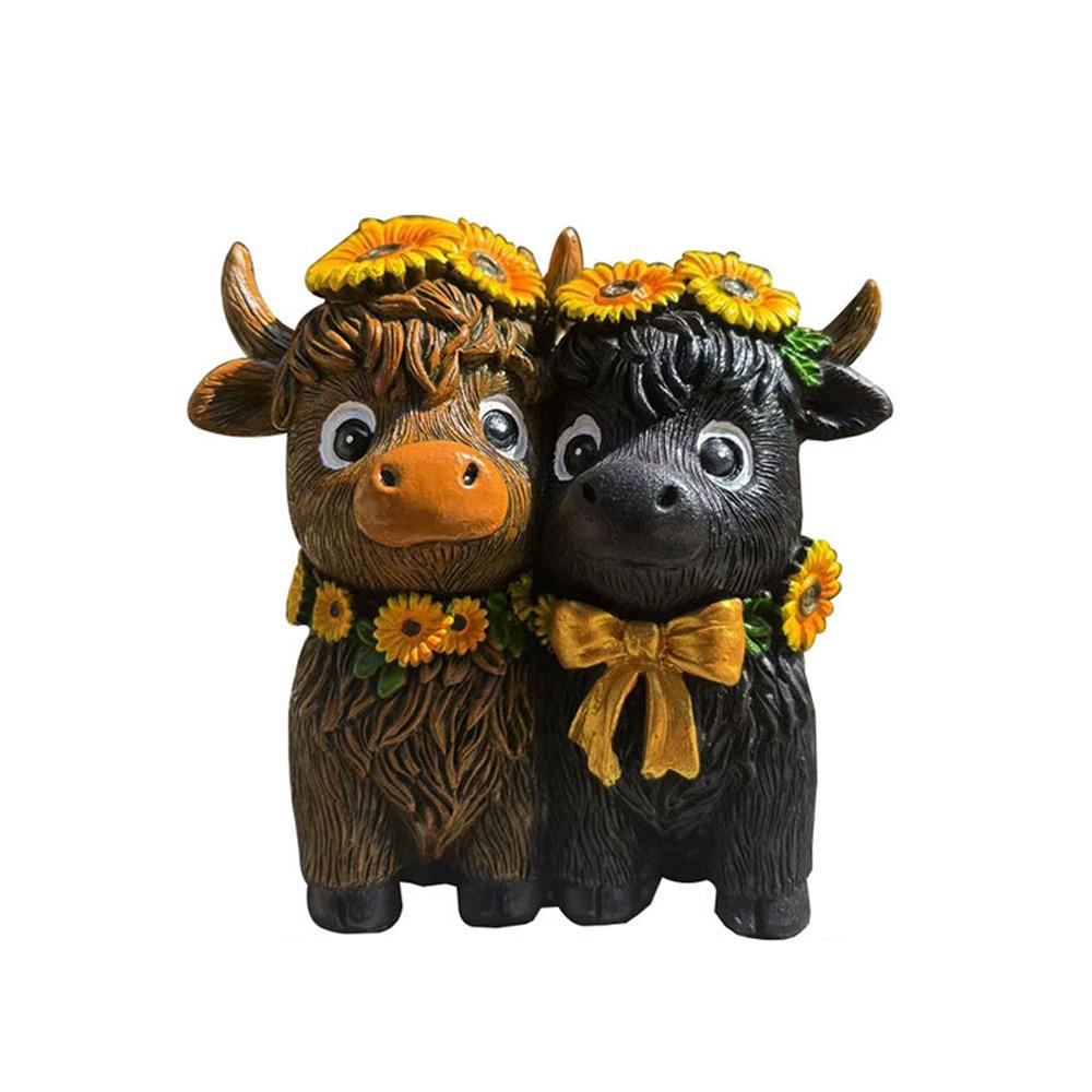 Resin Highland Cow Figurines Spring Sunflower Calf Lovers Gifts Scottish Cow Statue  Garden Decor