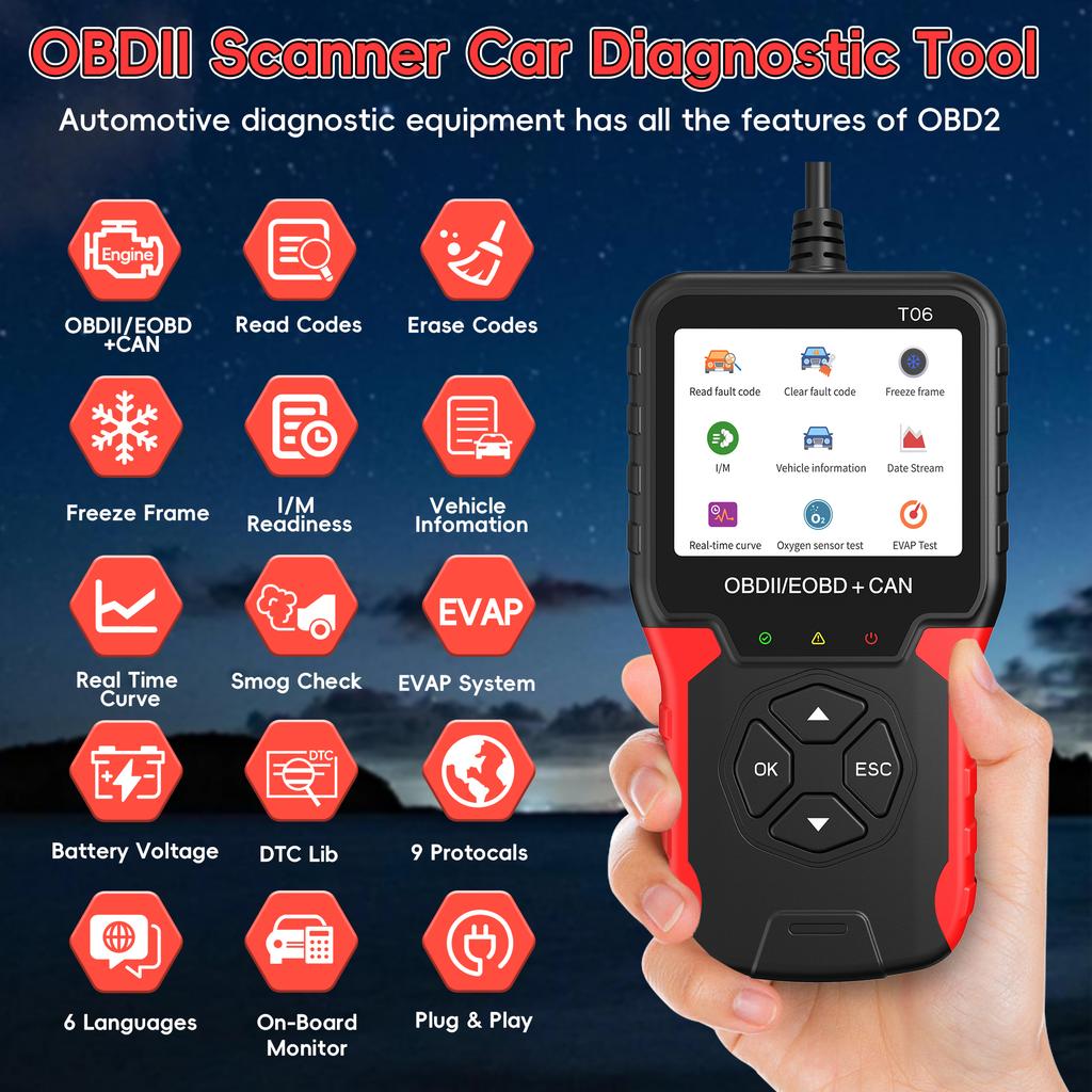 Autozubehör OBD2 Scanner T06 Überprüfen Sie den Motorsystemcodeleser Mehrsprachige Unterstützung Autodiagnosewerkzeug Batterietester