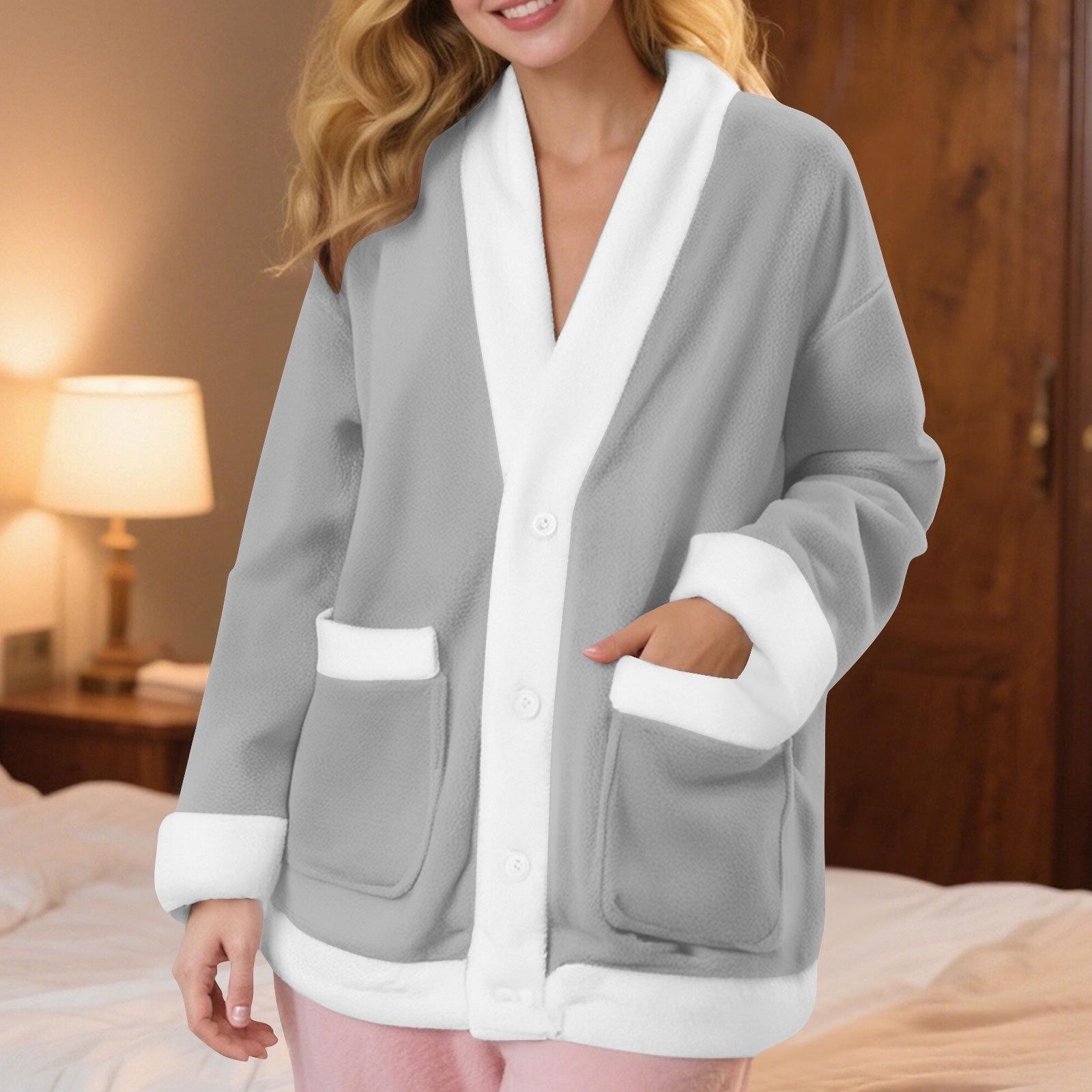 Women s V-Neck Button Front Cardigan with Fur Cuff Hem and Pockets S серый