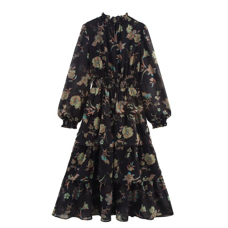 2025 Summer European & American Women's High Neck Waist-Cinching Chiffon Print Long Dress