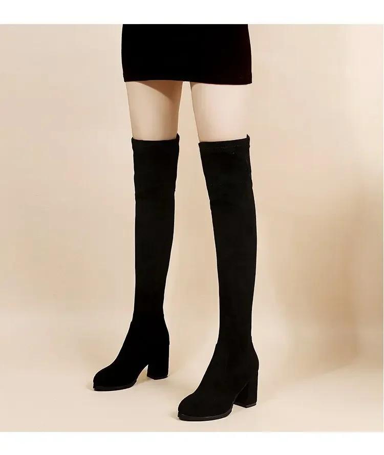 Faux Suede Female Heels Autumn Zipper Elastic Knee-high Boots for Women Tube Lace-up Thigh Gigh Boots Black Botas Mujer