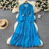 Women's Casual Dresses - Spring Autumn Women Vintage Draped Long Maxi Dress A Line Single Breasted Long Sleeve Turn Down Collar Red Green Purple