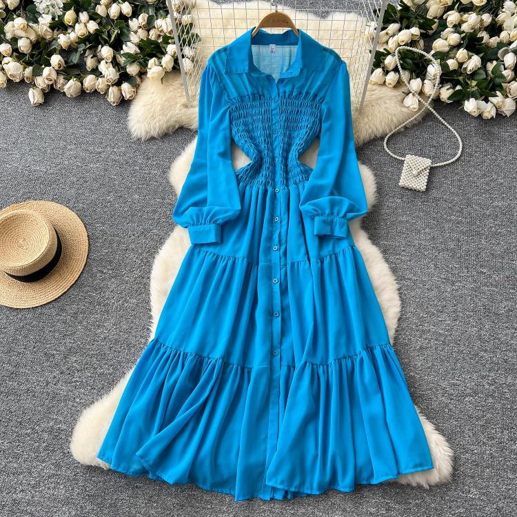 Women's Casual Dresses - Spring Autumn Women Vintage Draped Long Maxi Dress A Line Single Breasted Long Sleeve Turn Down Collar Red Green Purple