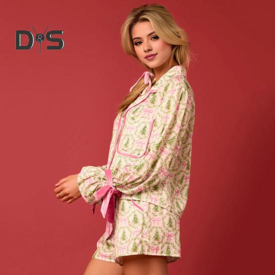 2 Pcs/Set Christms Pajamas Turn-down Collar Single-brasted Colorful Printing Bow Decor Cardigan Top Elastic Waist Shorts Sleepwear Santa Loungewear