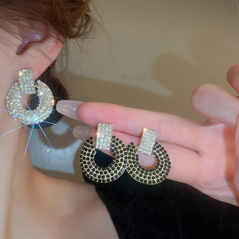 Vintage Full Crystal Geometric Round Earrings For Women Jewelry Trending Luxury Korean Fashion Earrings