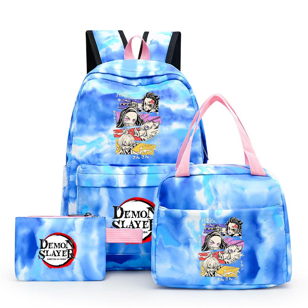 3Pcs/set Anime Demon Slayer Printed Backpack with Lunch Bag Pencil Case for Teenager Waterproof Bookbag Travel Bag Gift