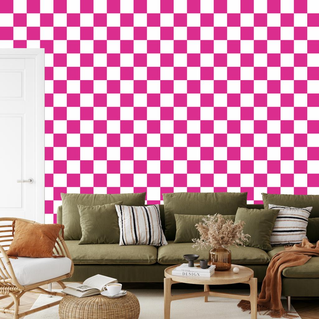 Checkerboard wallpaper white, purple and powder pink 50x1000