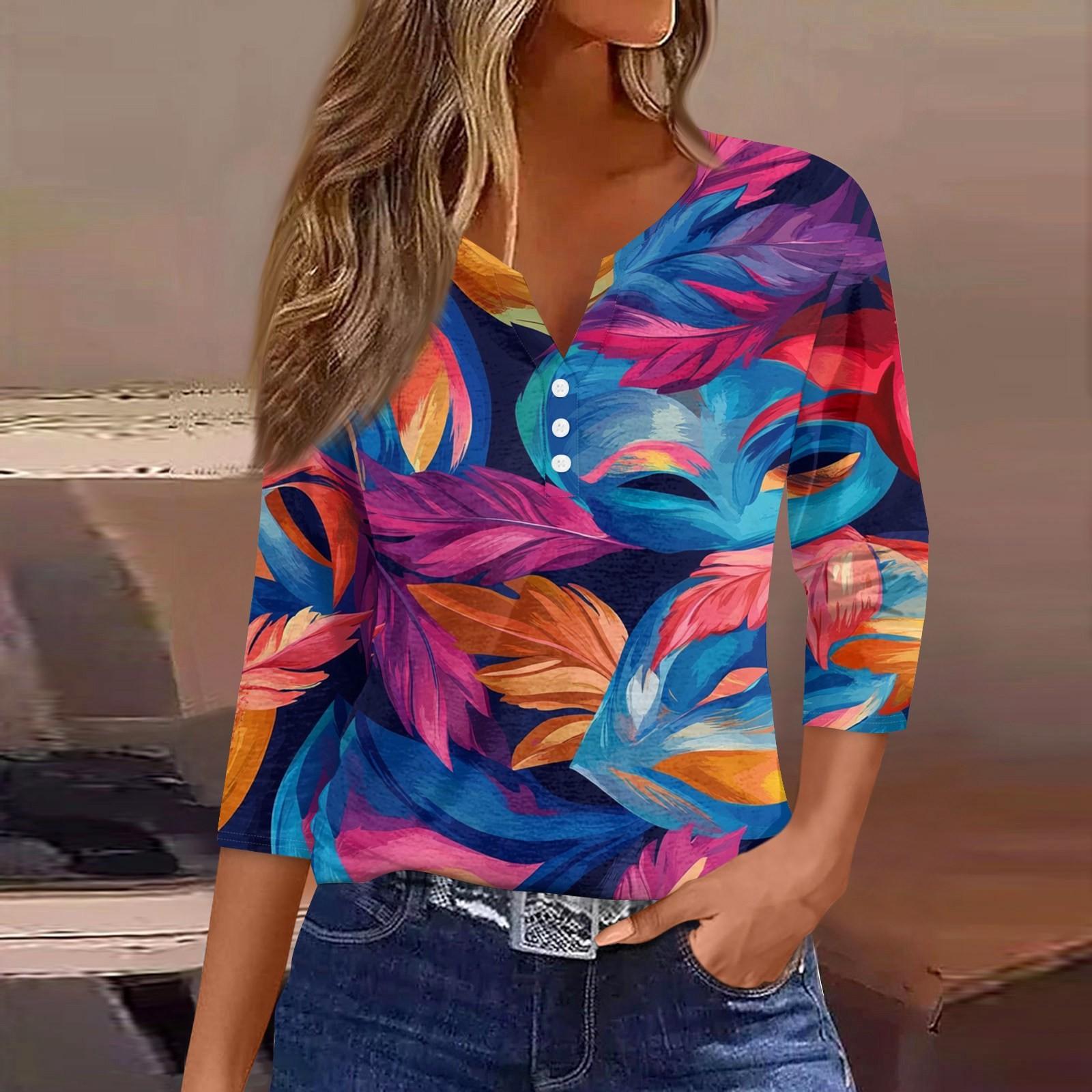 

Женская модная повседневная футболка с V-образным вырезом и рукавом семь четвертей, топ с карнавальным принтом и пуговицами L