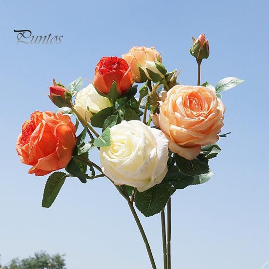 Artificial Rose with Stem Green Leaves Realistic Fake Flower Wedding Party Home Office Table Centerpiece Faux Floral Branch Decoration