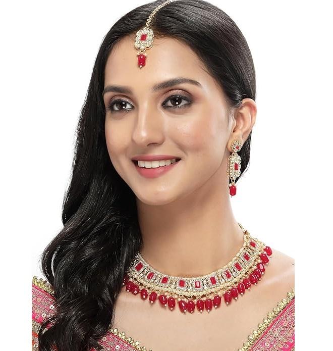 Glitzy Gold Plated Rani Pink Ad Stones & Beads Studded Choker Necklace Set For Women
